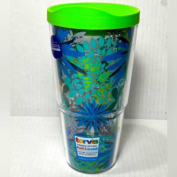 Tervis 24oz Tumbler Blue Mums Flowers Green Lid Bed Bath Beyond Exclusive NWT - Picture 1 of 11